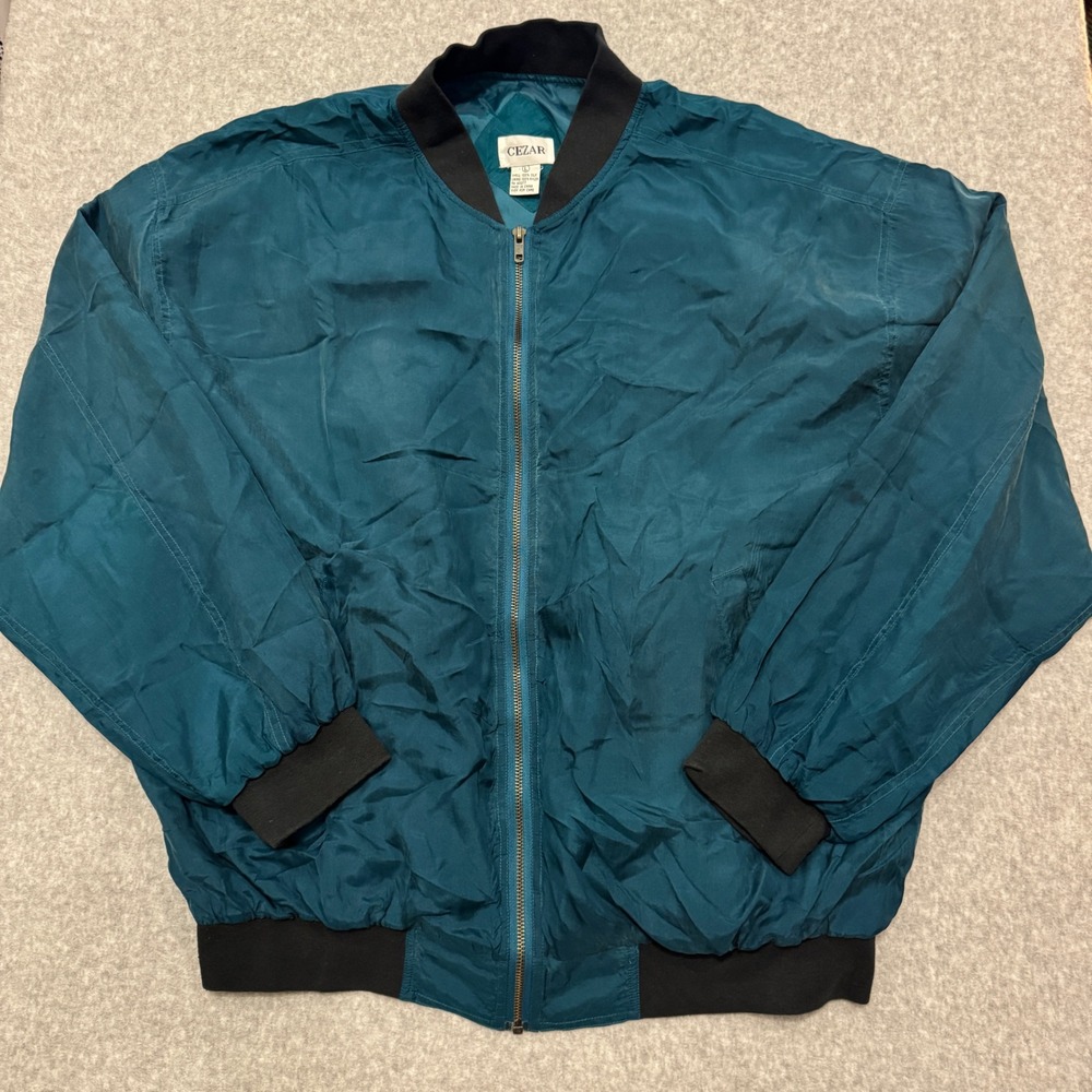 Cezar Vintage 90s Silk Bomber Jacket Teal Mens Large Full Zip Ribbed Trim